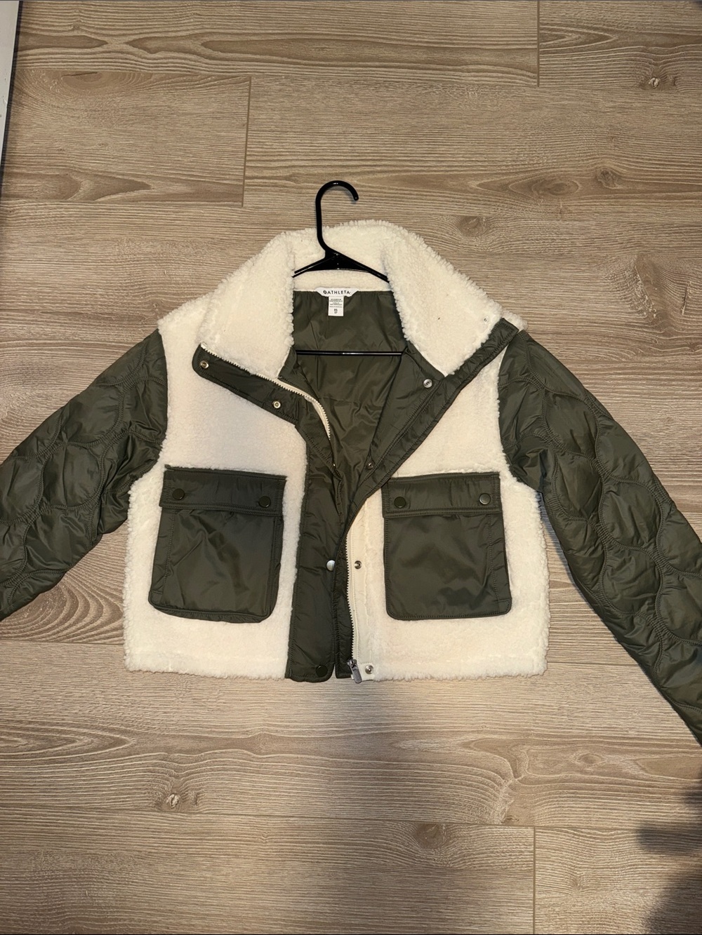 Athleta Cream Sherpa Jacket with Olive Quilted Sleeves
